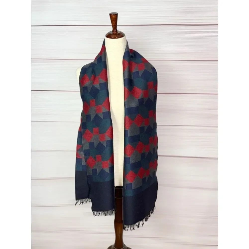 Vintage Wool Long Scarf Geometric Red Blue West Germany Men's Women's Winter